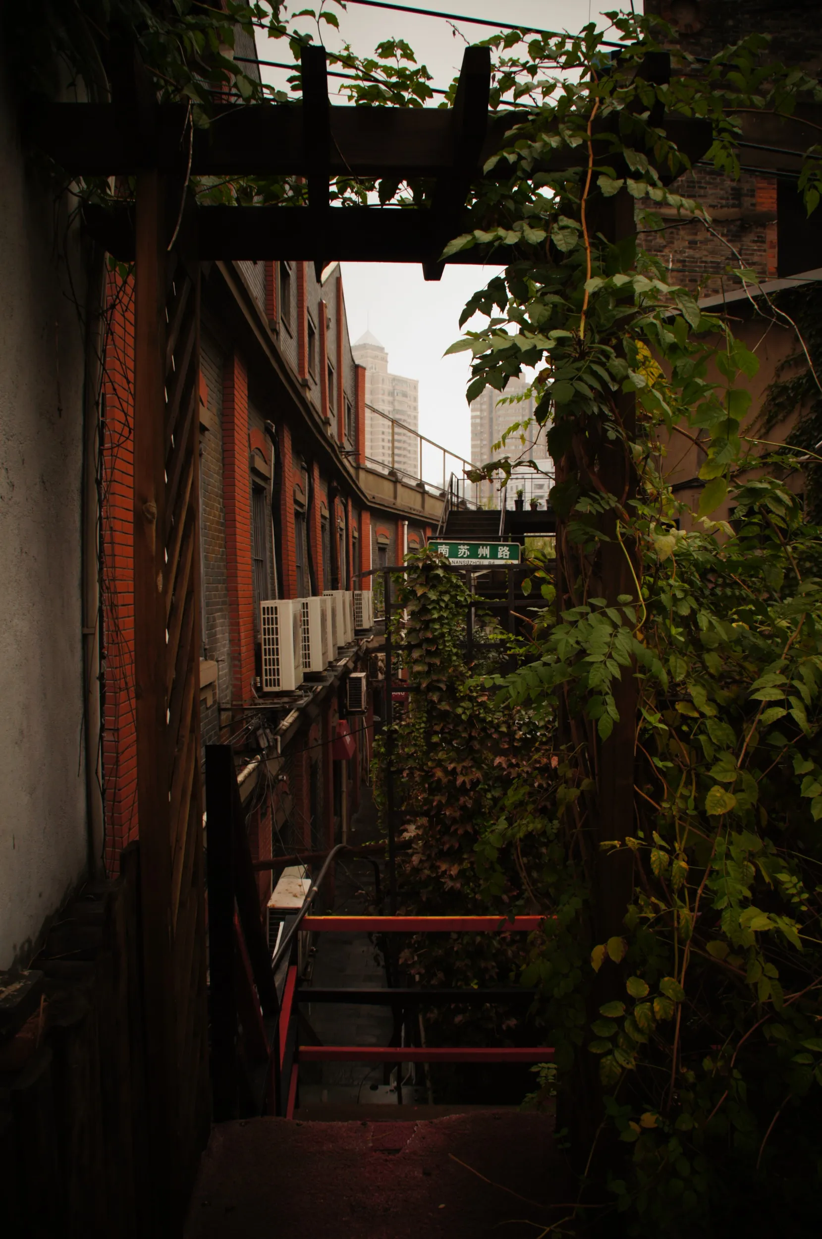 屋上から非常階段を眺める