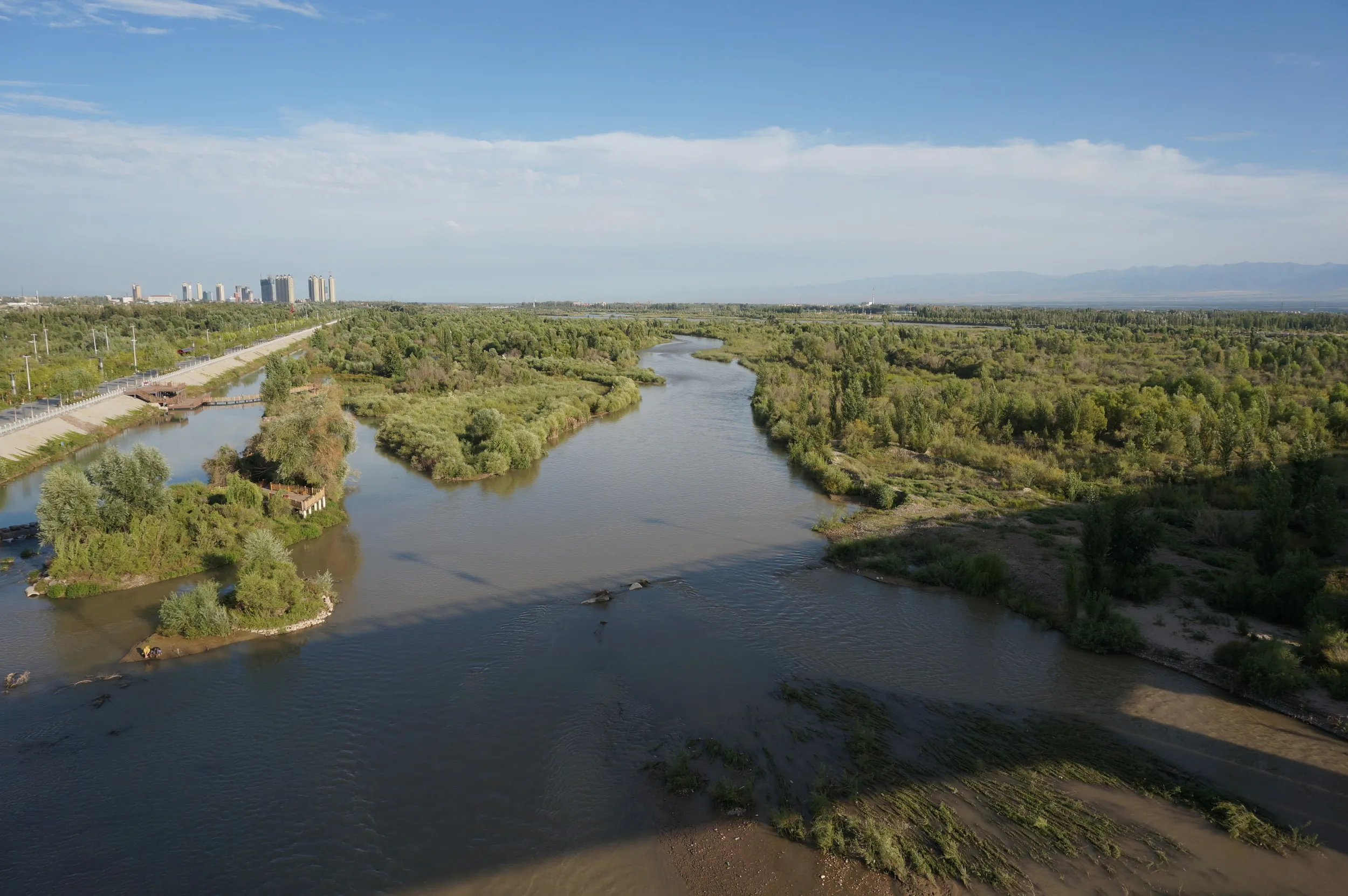 イリ河大橋の上からイリ河の流れを眺める