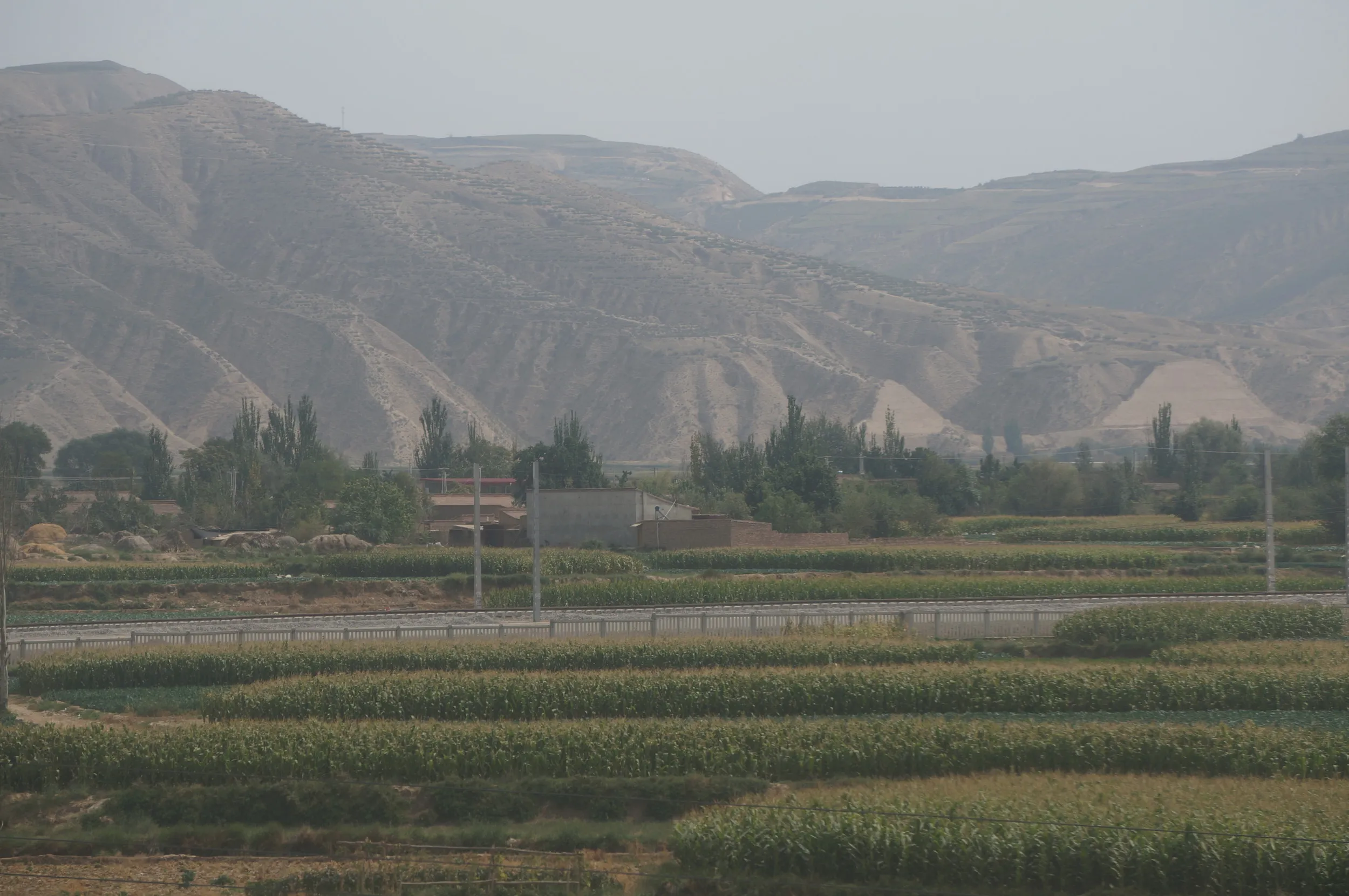 荒涼とした禿山と畑