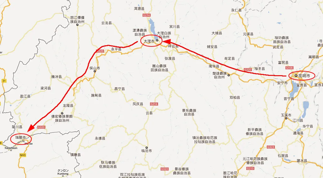 昆明〜大理〜瑞麗のルート
