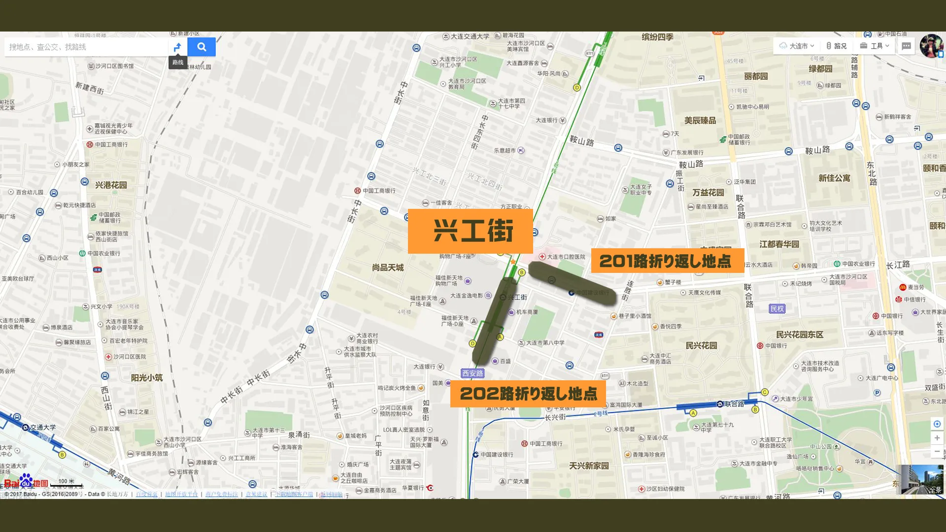 大連の路面電車、折り返し地点の地図