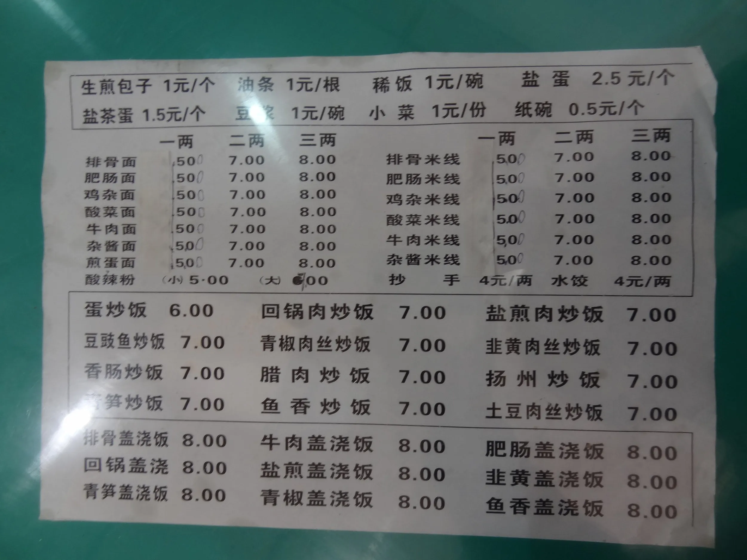 ユース付近の食堂のメニュー